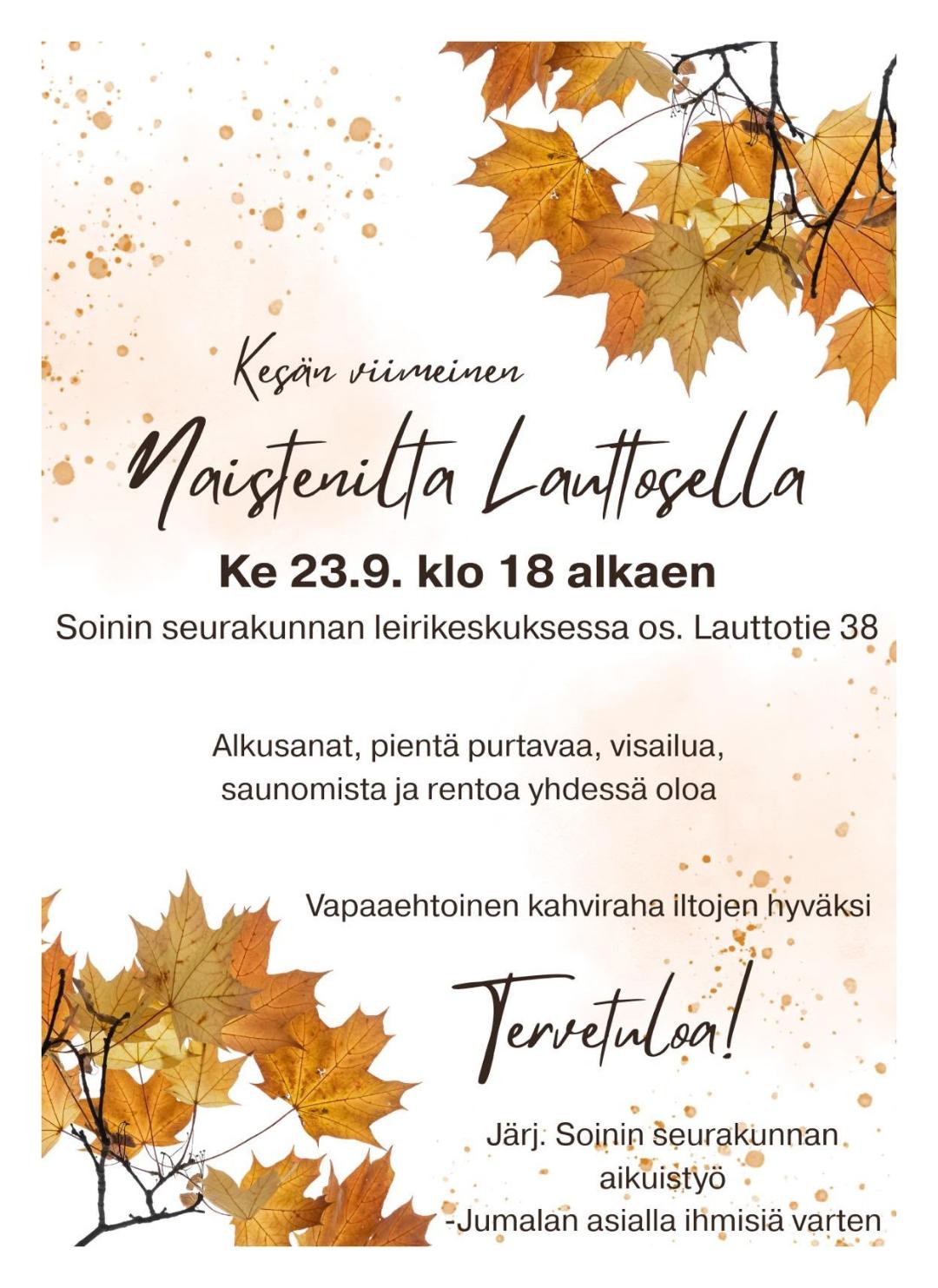 Naistenilta Lauttosella ke 23.9. klo 18