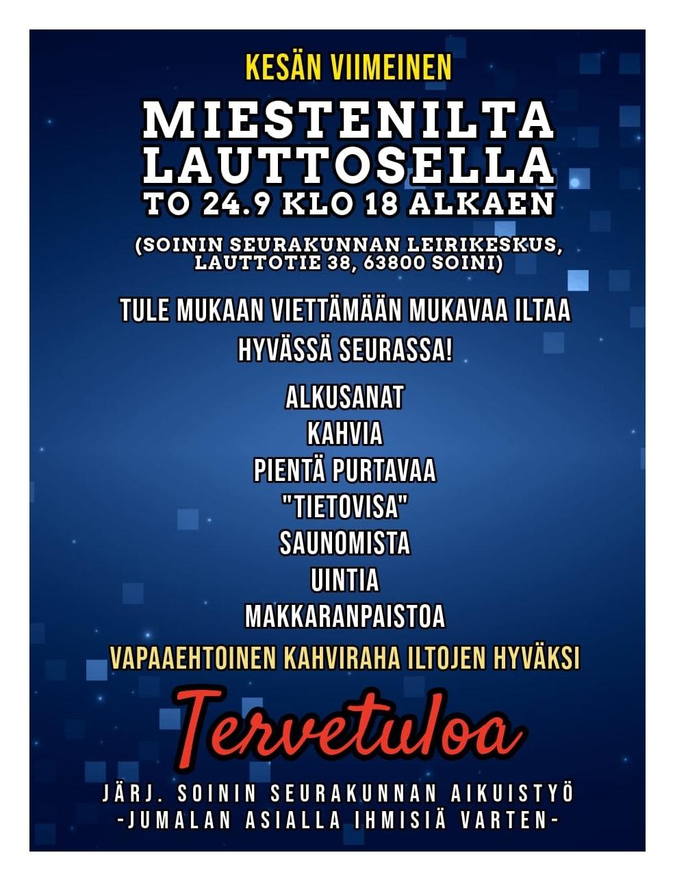 Miestenilta 24.9. klo 18